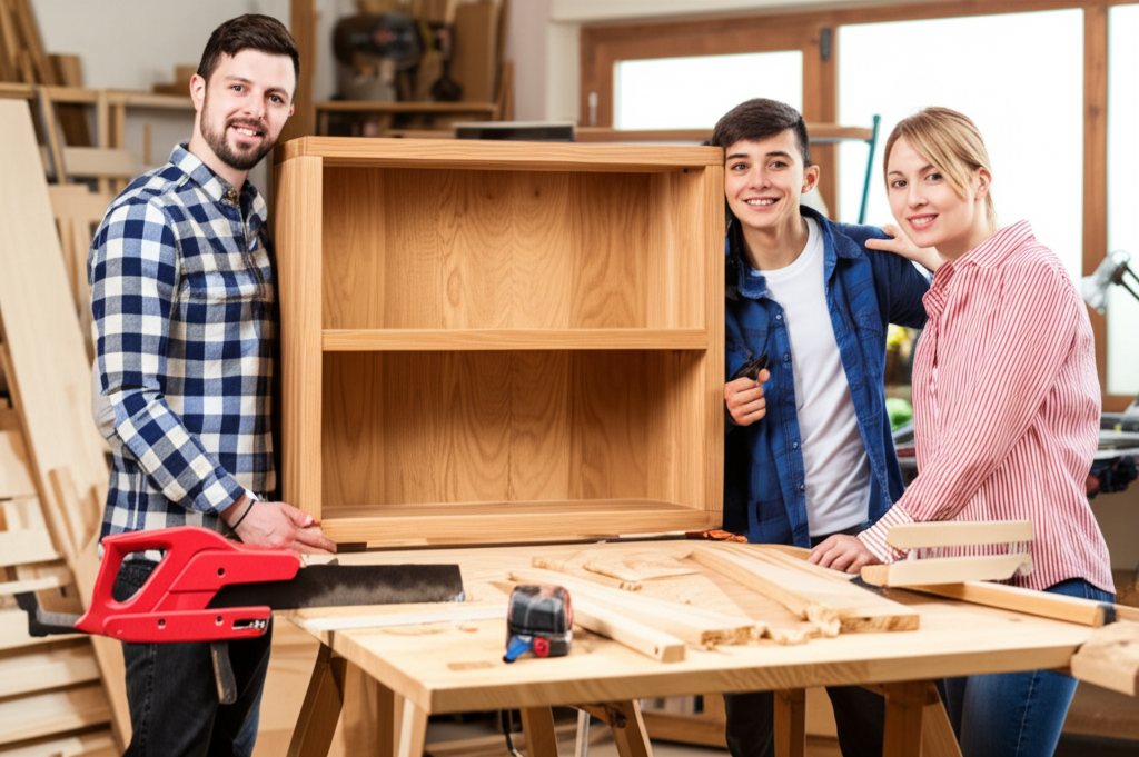 Family working on a woodworking project together